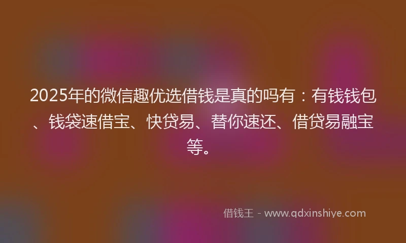 2025年的微信趣优选借钱是真的吗有：有钱钱包、钱袋速借宝、快贷易、替你速还、借贷易融宝等。