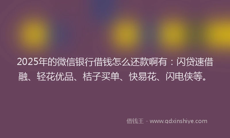 2025年的微信银行借钱怎么还款啊有：闪贷速借融、轻花优品、桔子买单、快易花、闪电侠等。