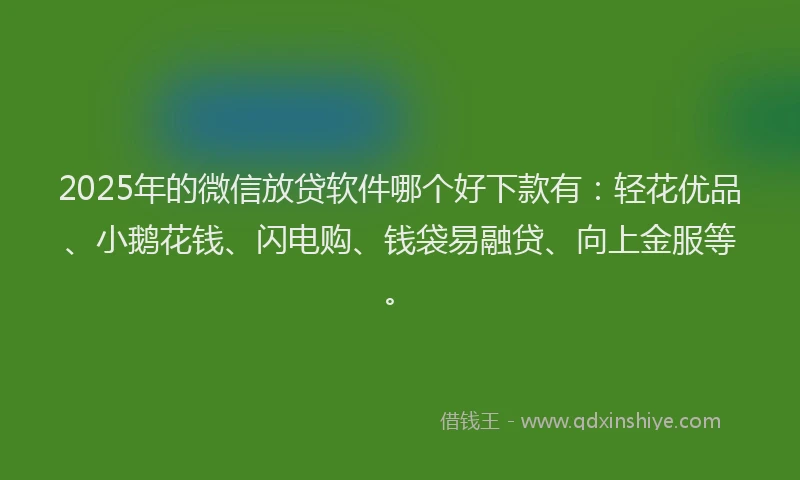 2025年的微信放贷软件哪个好下款有：轻花优品、小鹅花钱、闪电购、钱袋易融贷、向上金服等。