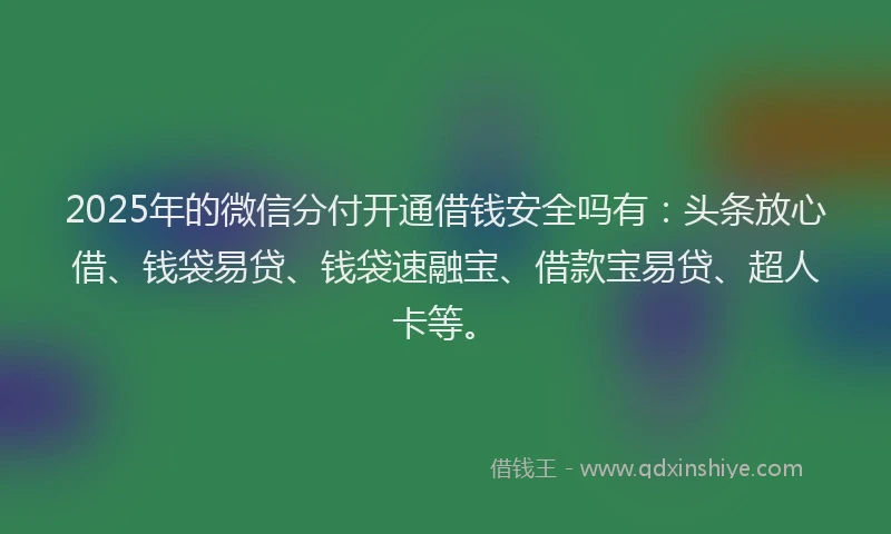 2025年的微信分付开通借钱安全吗有：头条放心借、钱袋易贷、钱袋速融宝、借款宝易贷、超人卡等。