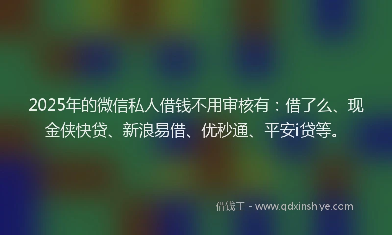2025年的微信私人借钱不用审核有：借了么、现金侠快贷、新浪易借、优秒通、平安i贷等。