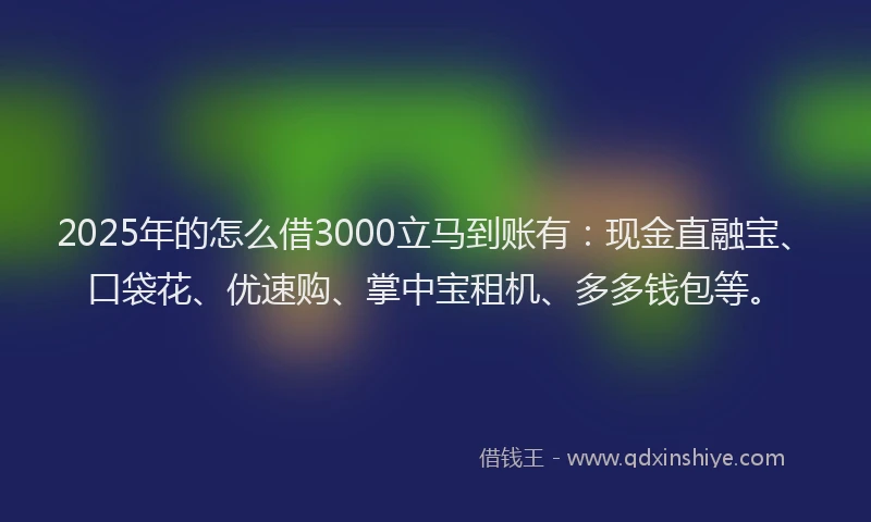 2025年的怎么借3000立马到账有：现金直融宝、口袋花、优速购、掌中宝租机、多多钱包等。