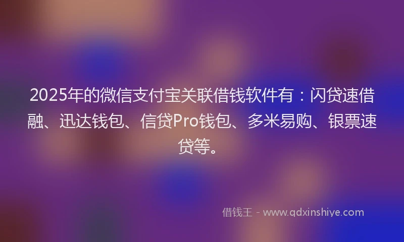 2025年的微信支付宝关联借钱软件有：闪贷速借融、迅达钱包、信贷Pro钱包、多米易购、银票速贷等。