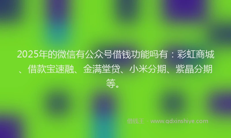 2025年的微信有公众号借钱功能吗有：彩虹商城、借款宝速融、金满堂贷、小米分期、紫晶分期等。