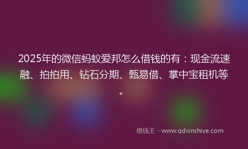 2025年的微信蚂蚁爱邦怎么借钱的有：现金流速融、拍拍用、钻石分期、甄易借、掌中宝租机等。