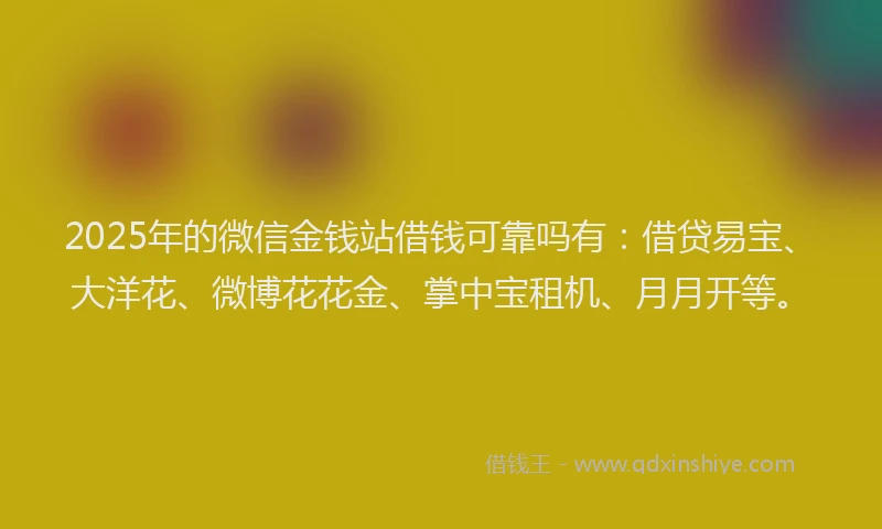 2025年的微信金钱站借钱可靠吗有：借贷易宝、大洋花、微博花花金、掌中宝租机、月月开等。