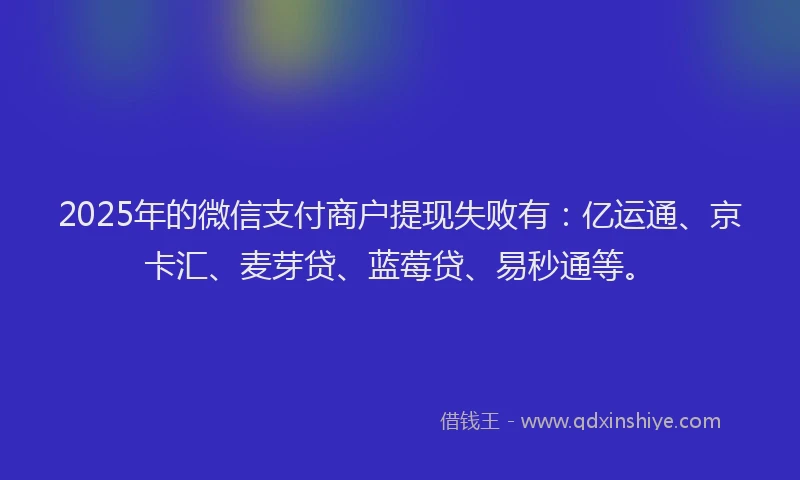 2025年的微信支付商户提现失败有：亿运通、京卡汇、麦芽贷、蓝莓贷、易秒通等。