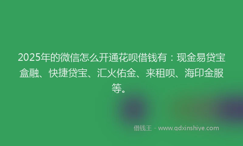 2025年的微信怎么开通花呗借钱有：现金易贷宝盒融、快捷贷宝、汇火佑金、来租呗、海印金服等。