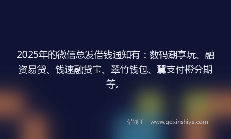 2025年的微信总发借钱通知有：数码潮享玩、融资易贷、钱速融贷宝、翠竹钱包、翼支付橙分期等。