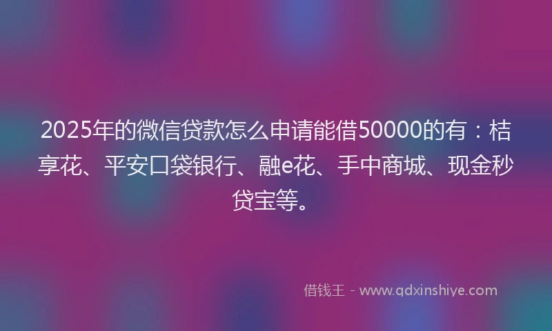 2025年的微信贷款怎么申请能借50000的有：桔享花、平安口袋银行、融e花、手中商城、现金秒贷宝等。