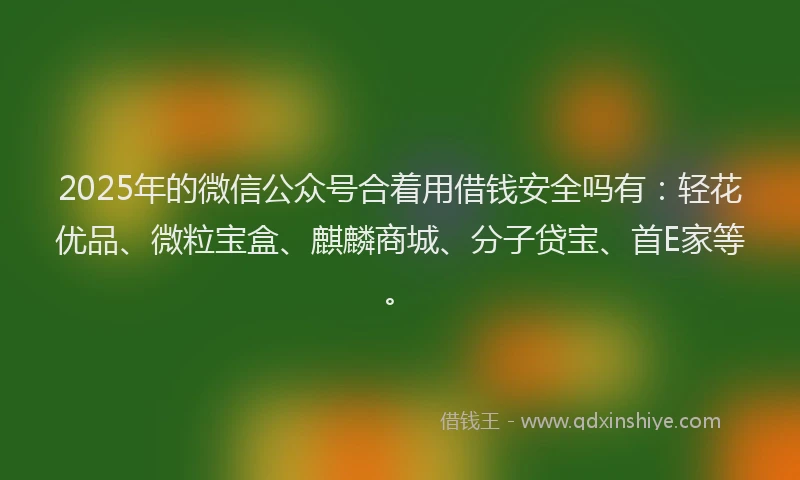 2025年的微信公众号合着用借钱安全吗有：轻花优品、微粒宝盒、麒麟商城、分子贷宝、首E家等。