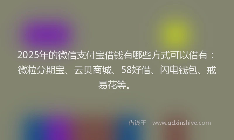 2025年的微信支付宝借钱有哪些方式可以借有：微粒分期宝、云贝商城、58好借、闪电钱包、戒易花等。