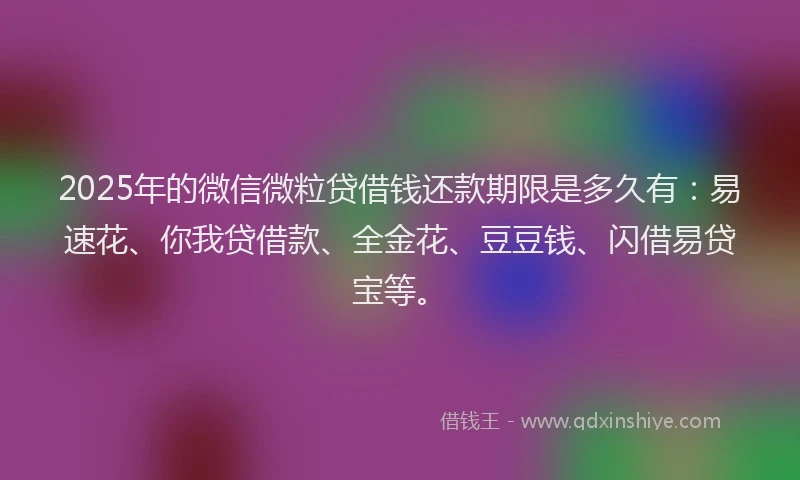 2025年的微信微粒贷借钱还款期限是多久有：易速花、你我贷借款、全金花、豆豆钱、闪借易贷宝等。