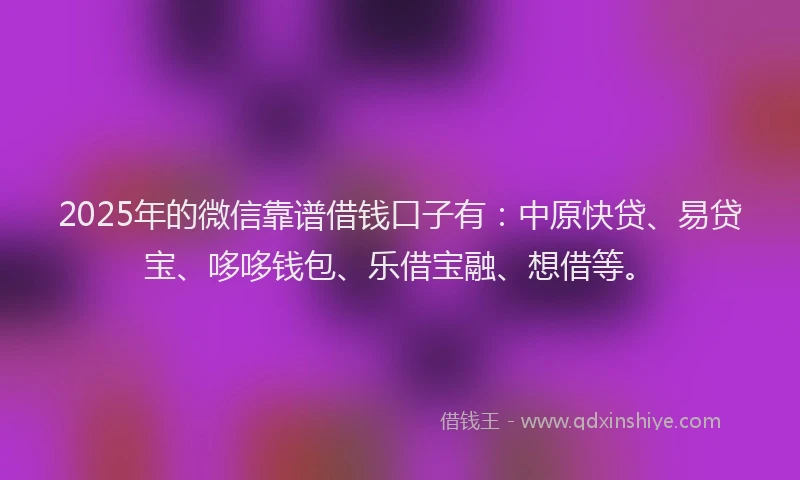 2025年的微信靠谱借钱口子有：中原快贷、易贷宝、哆哆钱包、乐借宝融、想借等。