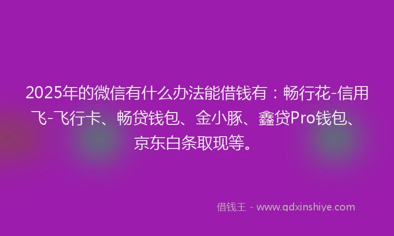 2025年的微信有什么办法能借钱有：畅行花-信用飞-飞行卡、畅贷钱包、金小豚、鑫贷Pro钱包、京东白条取现等。