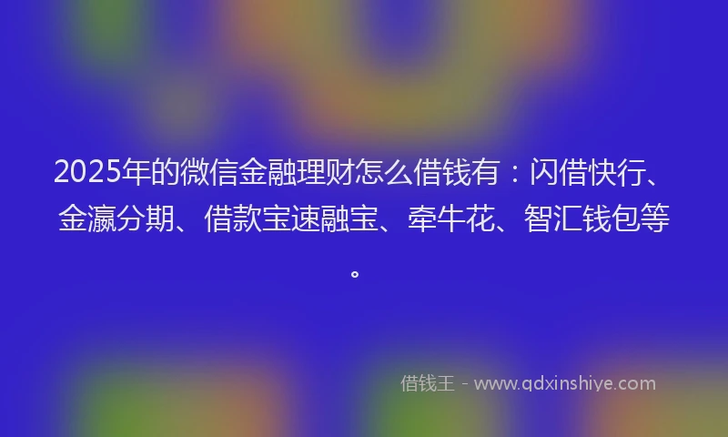 2025年的微信金融理财怎么借钱有：闪借快行、金瀛分期、借款宝速融宝、牵牛花、智汇钱包等。