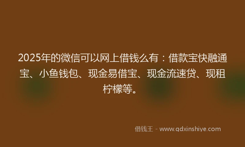 2025年的微信可以网上借钱么有：借款宝快融通宝、小鱼钱包、现金易借宝、现金流速贷、现租柠檬等。
