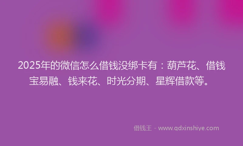 2025年的微信怎么借钱没绑卡有：葫芦花、借钱宝易融、钱来花、时光分期、星辉借款等。