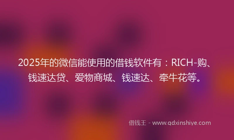 2025年的微信能使用的借钱软件有：RICH-购、钱速达贷、爱物商城、钱速达、牵牛花等。