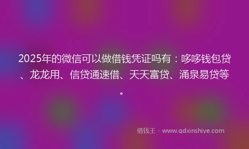 2025年的微信可以做借钱凭证吗有：哆哆钱包贷、龙龙用、信贷通速借、天天富贷、涌泉易贷等。