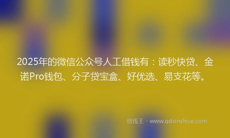 2025年的微信公众号人工借钱有：读秒快贷、金诺Pro钱包、分子贷宝盒、好优选、易支花等。