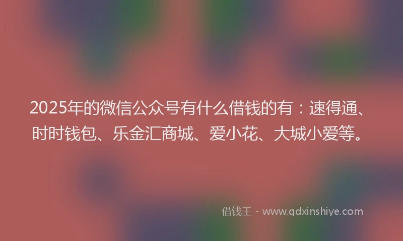 2025年的微信公众号有什么借钱的有：速得通、时时钱包、乐金汇商城、爱小花、大城小爱等。
