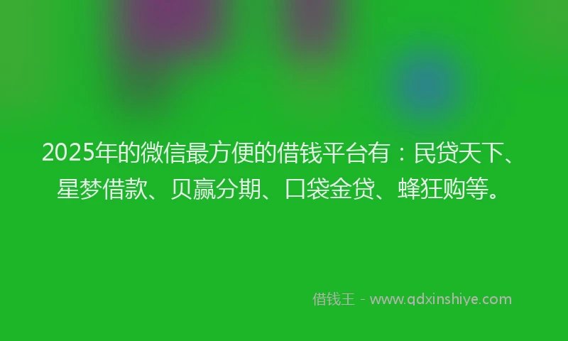 2025年的微信最方便的借钱平台有：民贷天下、星梦借款、贝赢分期、口袋金贷、蜂狂购等。