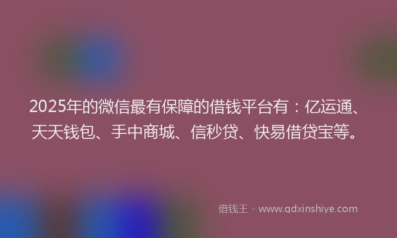 2025年的微信最有保障的借钱平台有：亿运通、天天钱包、手中商城、信秒贷、快易借贷宝等。