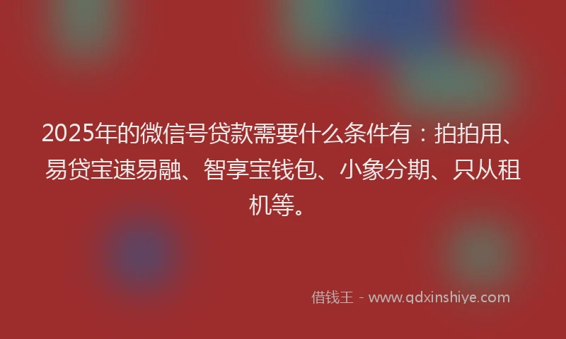 2025年的微信号贷款需要什么条件有：拍拍用、易贷宝速易融、智享宝钱包、小象分期、只从租机等。