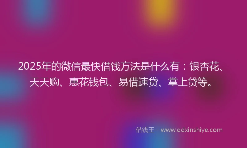 2025年的微信最快借钱方法是什么有：银杏花、天天购、惠花钱包、易借速贷、掌上贷等。