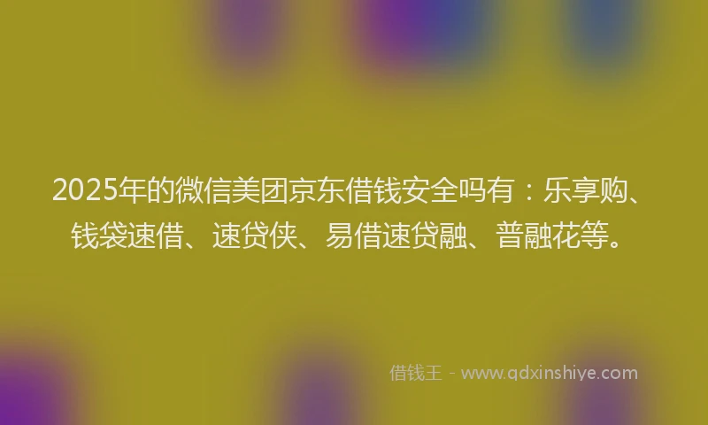 2025年的微信美团京东借钱安全吗有：乐享购、钱袋速借、速贷侠、易借速贷融、普融花等。