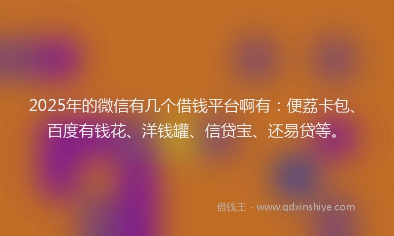 2025年的微信有几个借钱平台啊有：便荔卡包、百度有钱花、洋钱罐、信贷宝、还易贷等。
