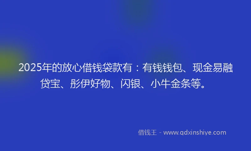 2025年的放心借钱袋款有：有钱钱包、现金易融贷宝、彤伊好物、闪银、小牛金条等。