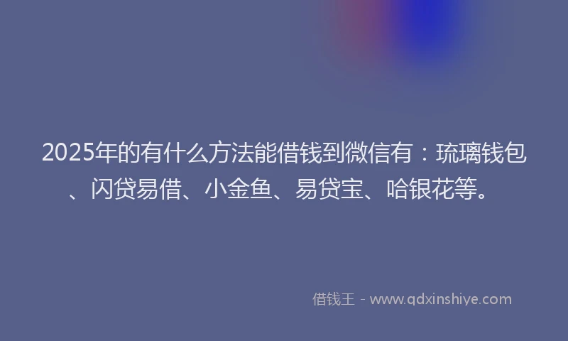 2025年的有什么方法能借钱到微信有：琉璃钱包、闪贷易借、小金鱼、易贷宝、哈银花等。