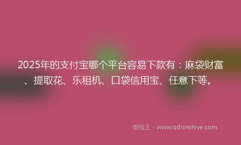 2025年的支付宝哪个平台容易下款有：麻袋财富、提取花、乐租机、口袋信用宝、任意下等。