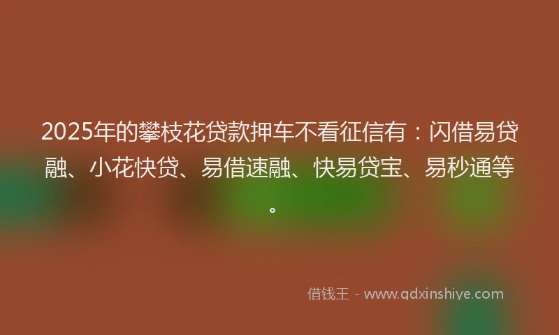 2025年的攀枝花贷款押车不看征信有：闪借易贷融、小花快贷、易借速融、快易贷宝、易秒通等。