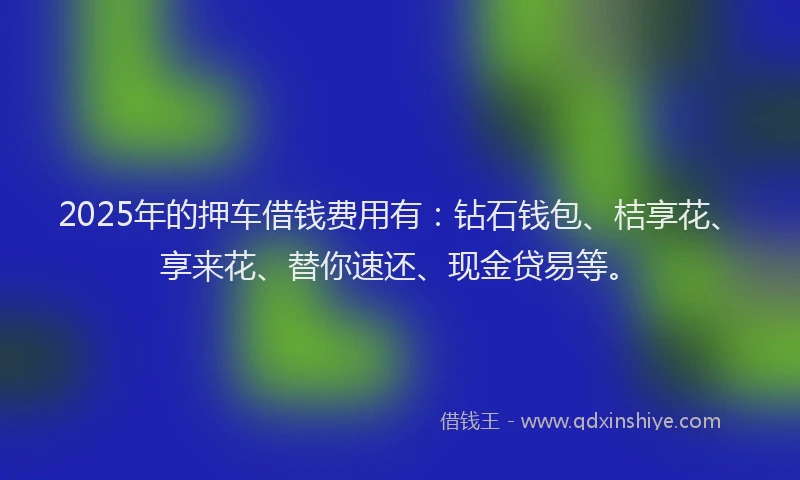 2025年的押车借钱费用有：钻石钱包、桔享花、享来花、替你速还、现金贷易等。