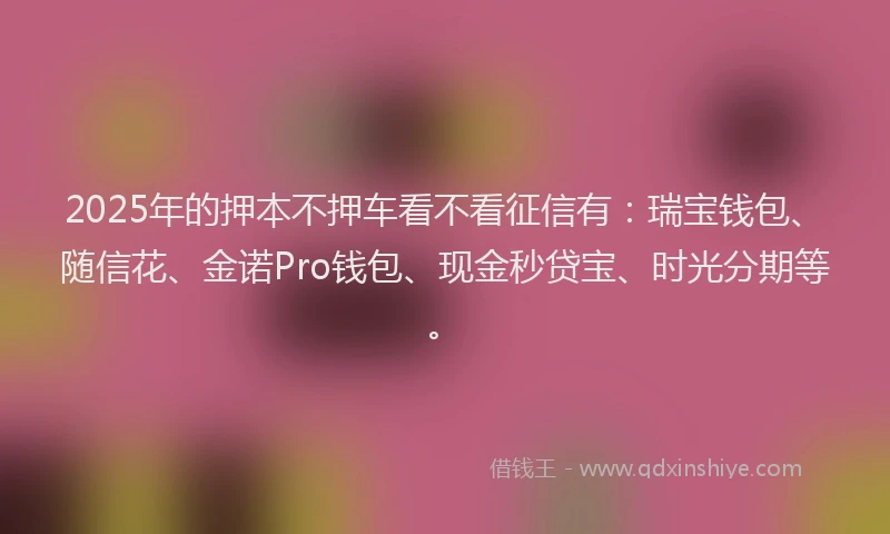 2025年的押本不押车看不看征信有：瑞宝钱包、随信花、金诺Pro钱包、现金秒贷宝、时光分期等。