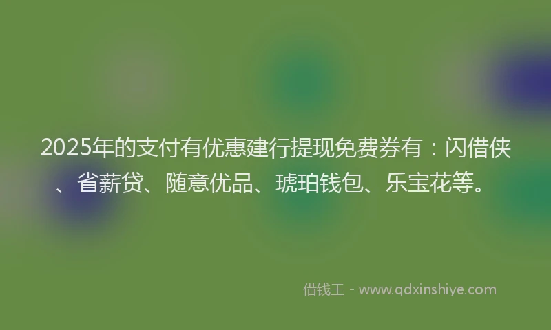 2025年的支付有优惠建行提现免费券有：闪借侠、省薪贷、随意优品、琥珀钱包、乐宝花等。