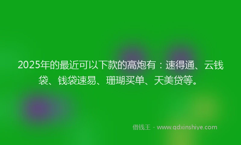 2025年的最近可以下款的高炮有：速得通、云钱袋、钱袋速易、珊瑚买单、天美贷等。
