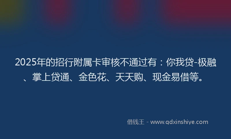 2025年的招行附属卡审核不通过有：你我贷-极融、掌上贷通、金色花、天天购、现金易借等。