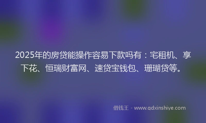 2025年的房贷能操作容易下款吗有：宅租机、享下花、恒瑞财富网、速贷宝钱包、珊瑚贷等。