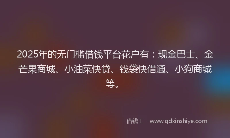2025年的无门槛借钱平台花户有：现金巴士、金芒果商城、小油菜快贷、钱袋快借通、小狗商城等。