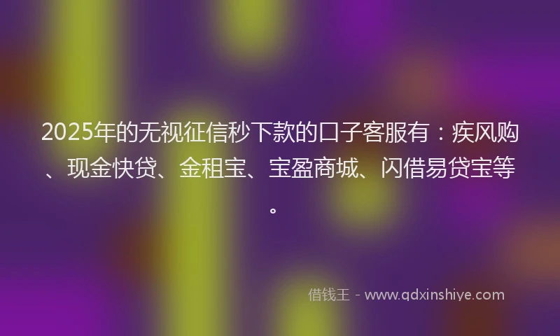 2025年的无视征信秒下款的口子客服有：疾风购、现金快贷、金租宝、宝盈商城、闪借易贷宝等。