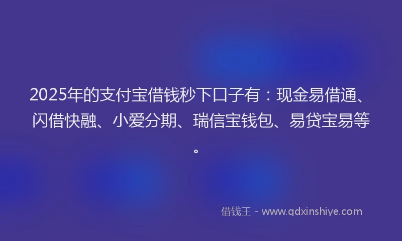 2025年的支付宝借钱秒下口子有:现金易借通、闪借快融、小爱分期、瑞信宝钱包、易贷宝易等。