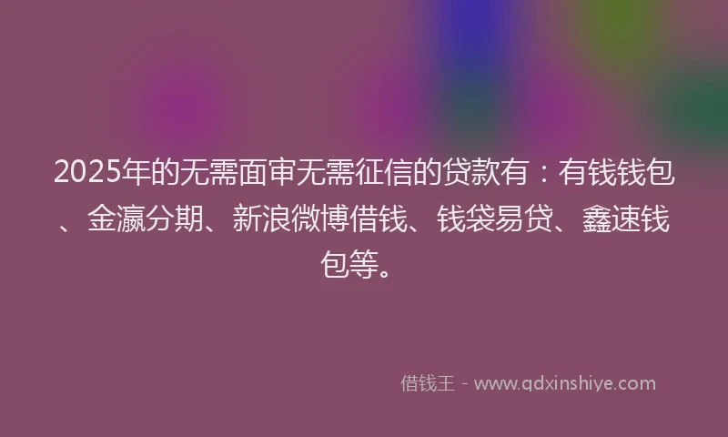 2025年的无需面审无需征信的贷款有：有钱钱包、金瀛分期、新浪微博借钱、钱袋易贷、鑫速钱包等。