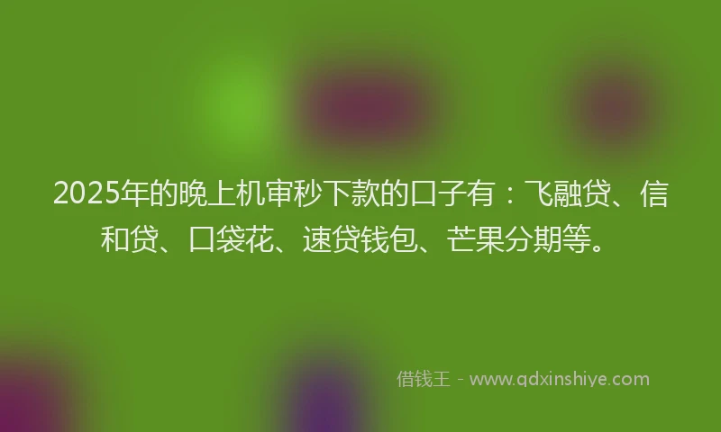 2025年的晚上机审秒下款的口子有：飞融贷、信和贷、口袋花、速贷钱包、芒果分期等。