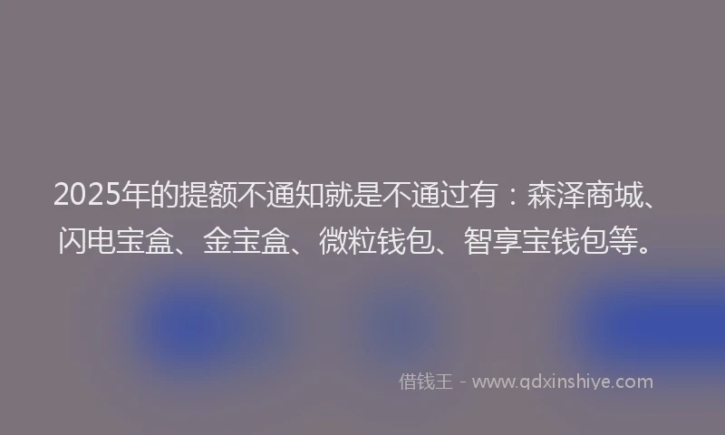 2025年的提额不通知就是不通过有：森泽商城、闪电宝盒、金宝盒、微粒钱包、智享宝钱包等。