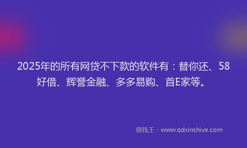 2025年的所有网贷不下款的软件有：替你还、58好借、辉誉金融、多多易购、首E家等。