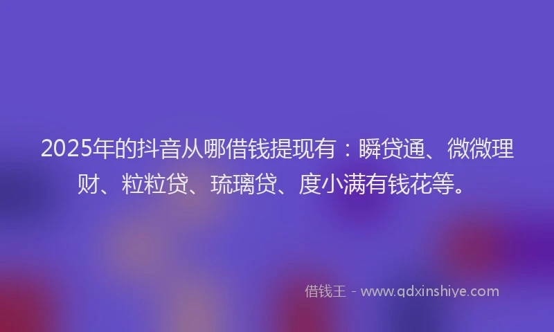 2025年的抖音从哪借钱提现有：瞬贷通、微微理财、粒粒贷、琉璃贷、度小满有钱花等。